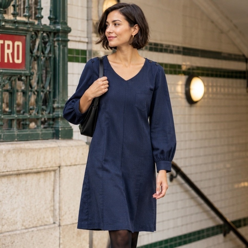 A.P.C. Paris Pinstripe Shift Dress XS Navy Cotton Long Sleeve Minimalist Classic